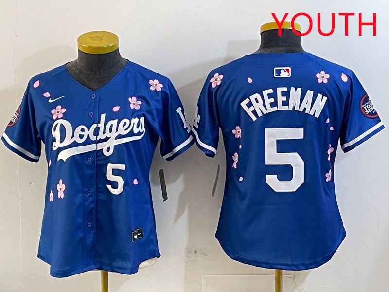 Youth Los Angeles Dodgers 5 Freeman Blue Sakura Edition 2025 Nike MLB Jersey style 8